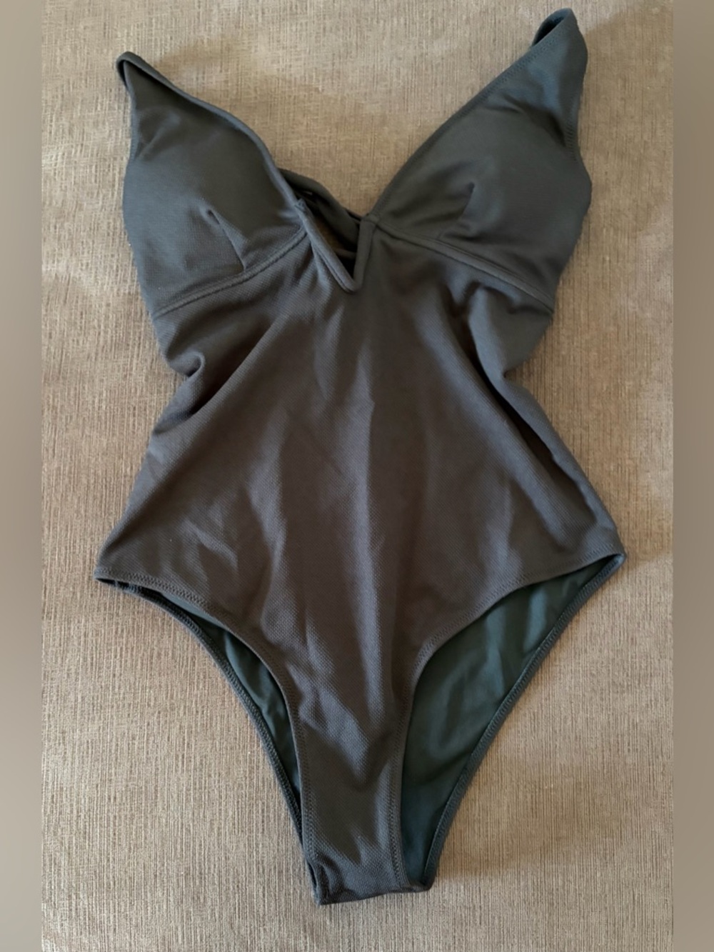 Black Textured One-Piece Swimsuit Deep V Neck Moderate Coverage.  NWT